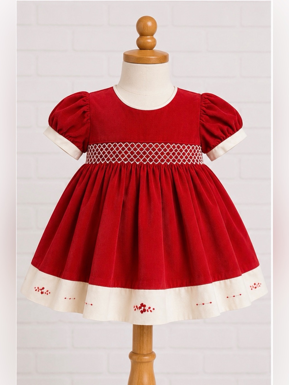 Baby Girl Smocked Corduroy Holiday Dress 3M Red Cream Christmas Classic EUC